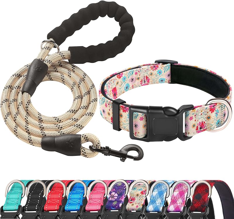 Coleira para Cães com Neoprene Acolchoado e Fios Refletivos ladoogo, Bege/Rosa Floral, Pequena
