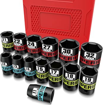 1/2 Inch Drive Impact Socket Set, 14 Piece Shallow Sockets 11-32 mm, Metric Socket Set for Automotive Trucks Tractors Engines Repairing DIY Mechanic Tool