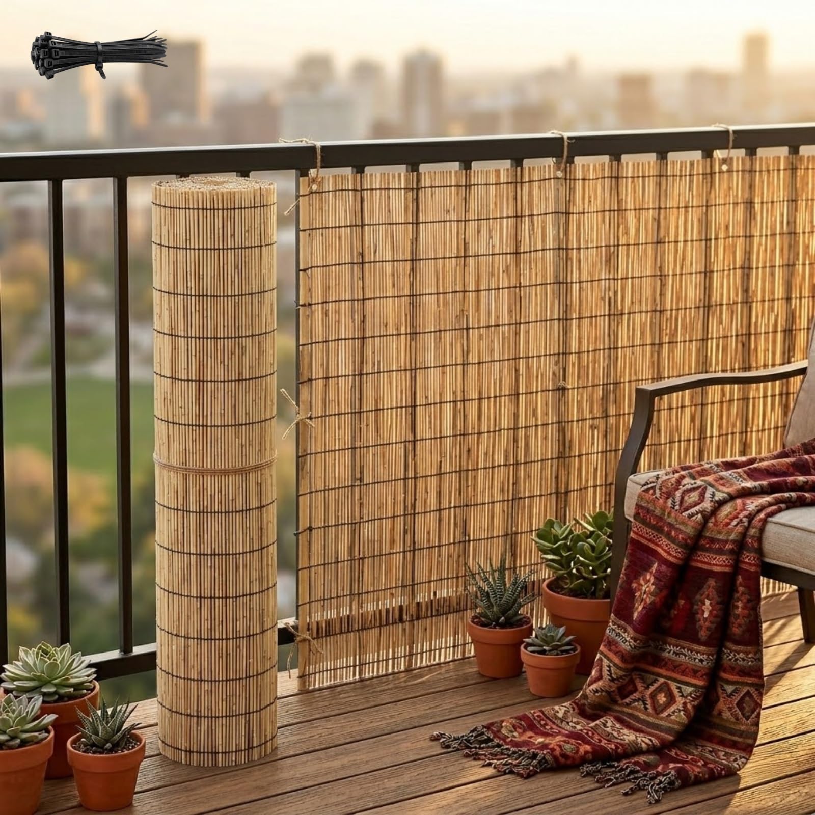 Natural Peeled Reed Fencing Screening Roll, Extra Thick Bamboo Fence Panels, Roll Up Balcony Privacy Screen Fence Cover for Garden Wind and Sun Protection(Natural,61x457cm(2x15ft))