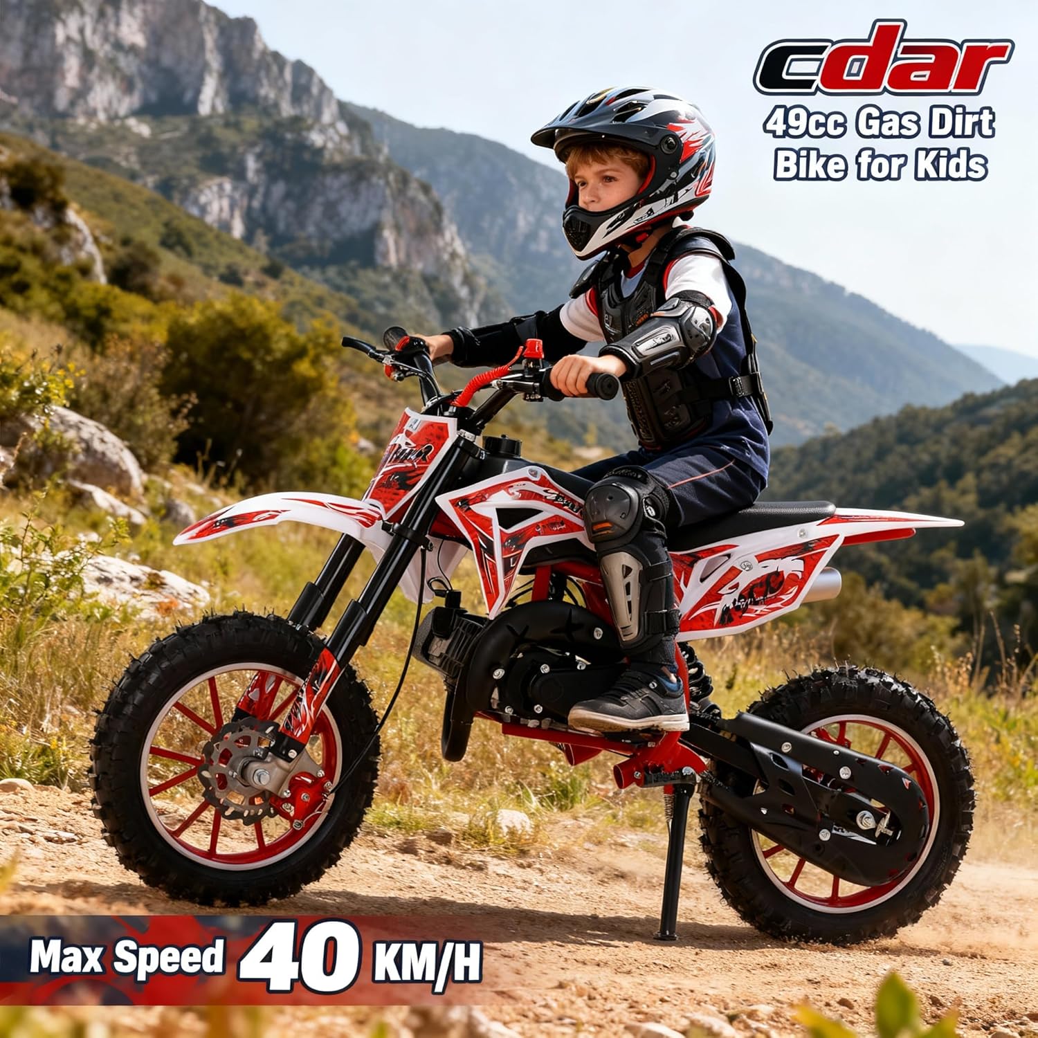 cdar 49cc Kids Dirt Bike, 2-Stroke Gas Power Motocross Off-Road Tires Shock Absorption Springs Soft Seat Cushion Pocket Motorbike with Front Rear Disc Brakes (Red)