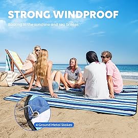 ZAZE Beach Blanket Picnic Blankets with Stakes, Thick 3-Layer 80*80 Oversized Waterproof Sandproof Compact Outdoor Mat, Big Extra Large Foldable Camping Park Vacation Travel Accessories(Blue Stripe)