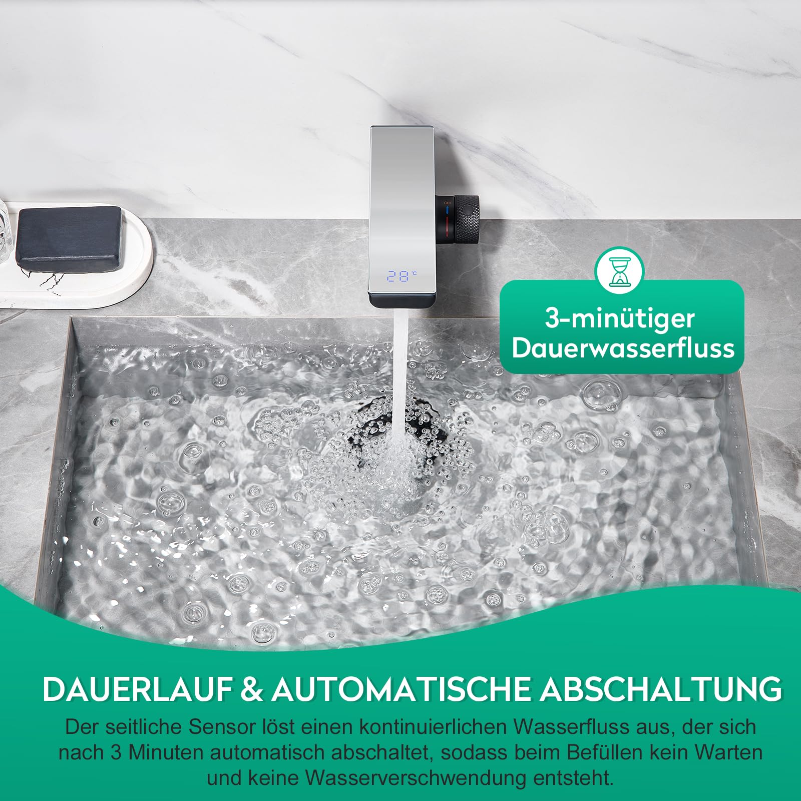 CREA Infrarot Sensor Wasserhahn Bad, mit Temperaturanzeige, Schwarz | Digitalanzeige Bildschirm Warmes Kaltwasser Mischbatterie, Automatisch Sensor Armatur für Waschbecken,304 Edelstahl