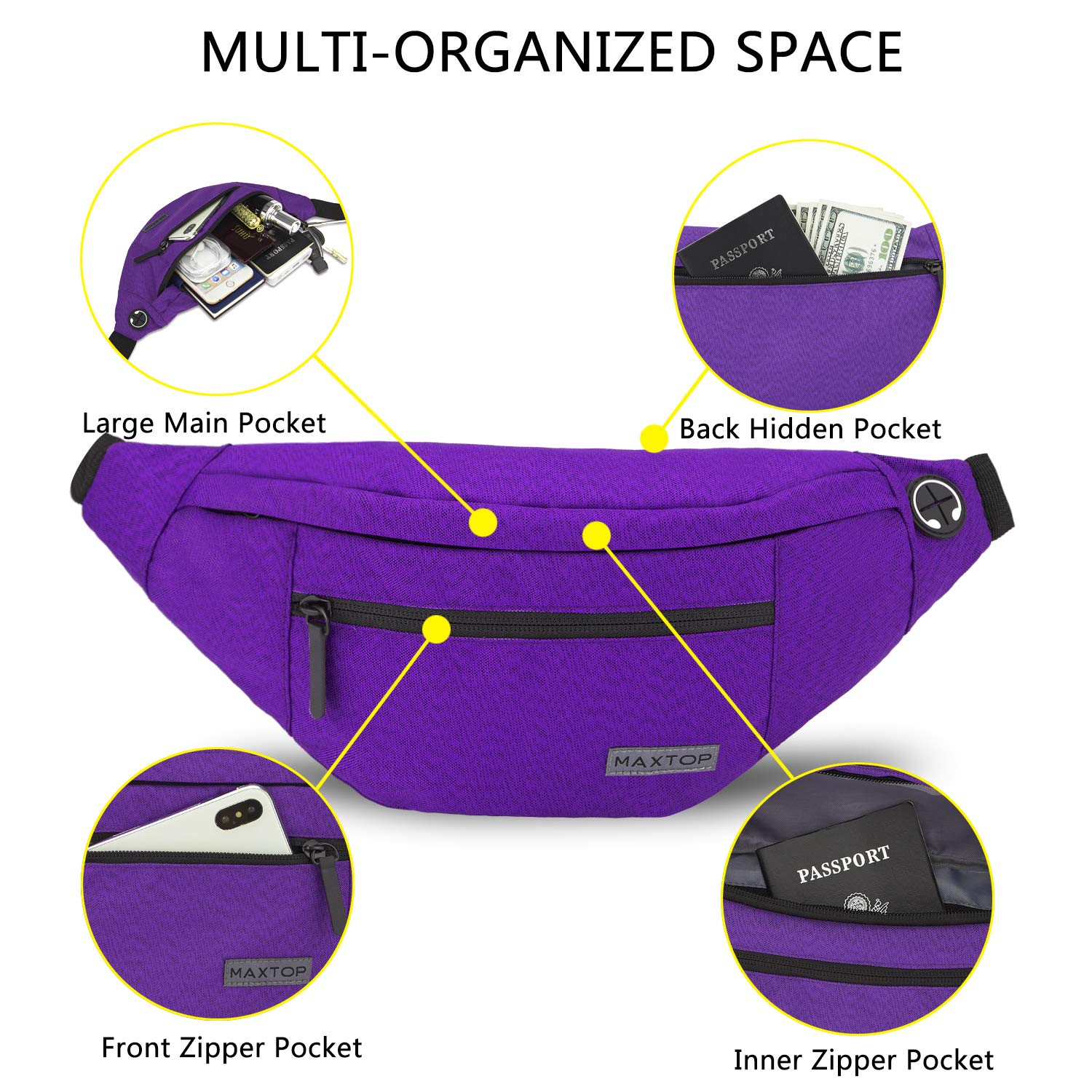 MAXTOP Marsupio grande per donna e uomo, marsupio con attacco per cuffie e 4 tasche con zip, cintura regolabile per ciclismo, corsa, jogging, viaggio, outdoor, allenamento