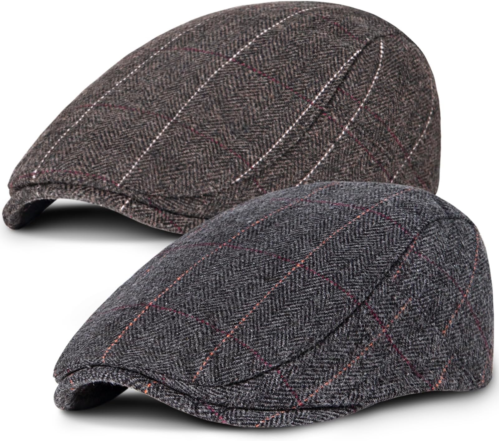 Senker Fashion 2 Pack Newsboy Cap for Men Adjustable Herringbone Tweed Wool Hats Blend Flat Cap Ivy Cabbie Driving Hat