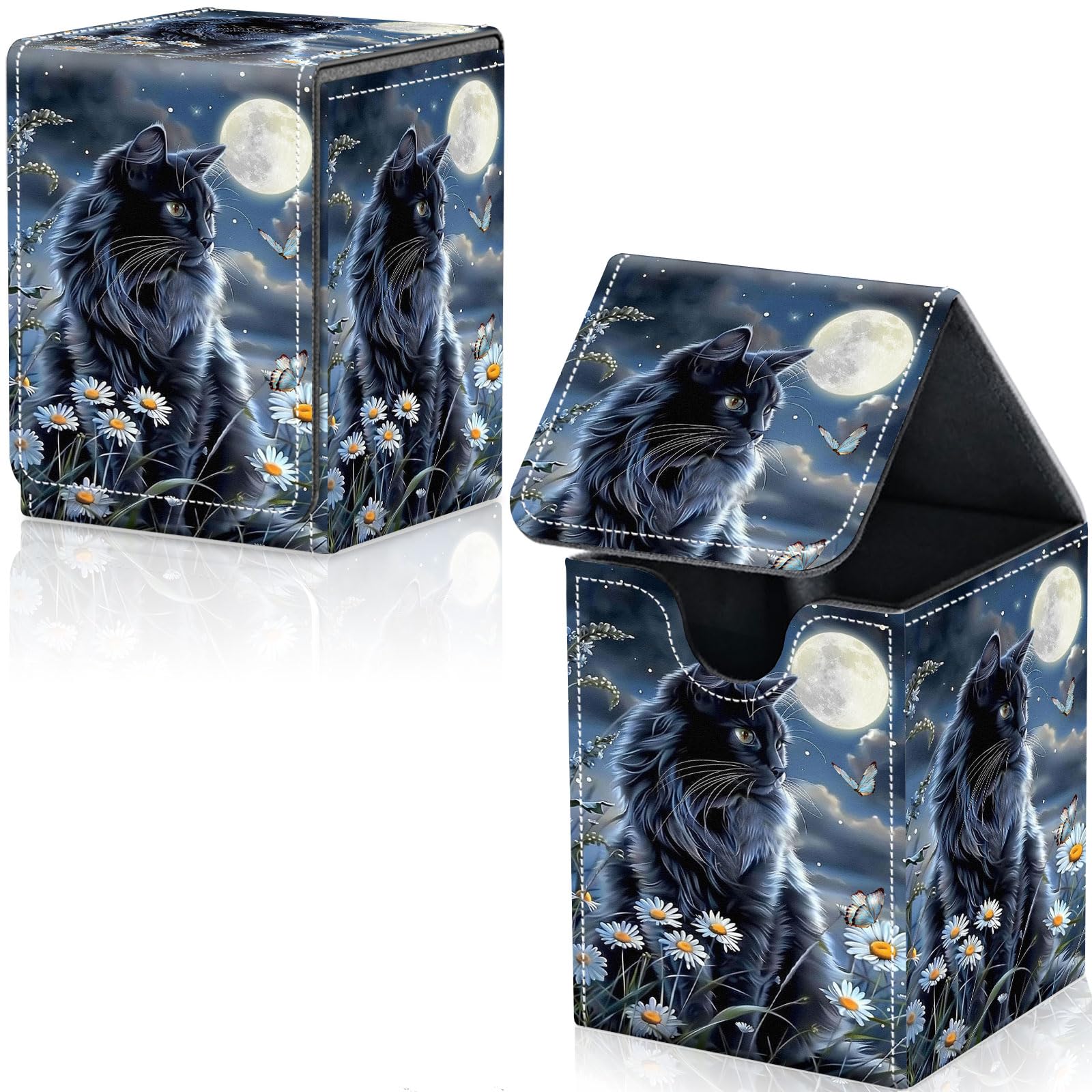 Qindaiwen Card Deck Box for Trading Cards, MTG Deck Box Fits 100+ Single Sleeved Cards, PU Leather Strong Magnet Card Deck Case Holder for Magic Commander TCG CCG, Cat Moon