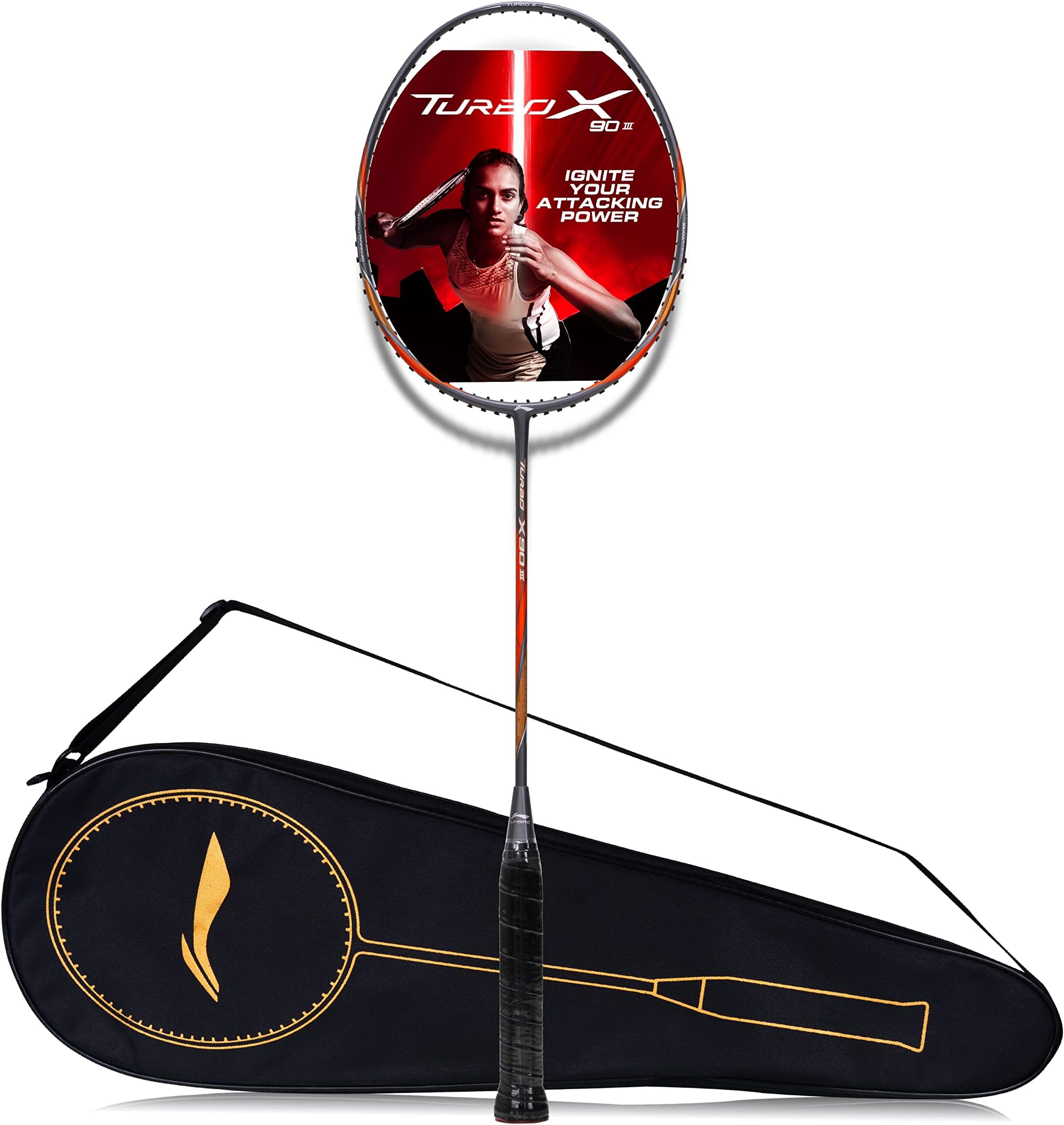 Li-Ning Turbo X III Carbon Fibre Strung Badminton Racket with Free Racket Cover for Seniors (Dark Grey/Copper, 87 Grams)
