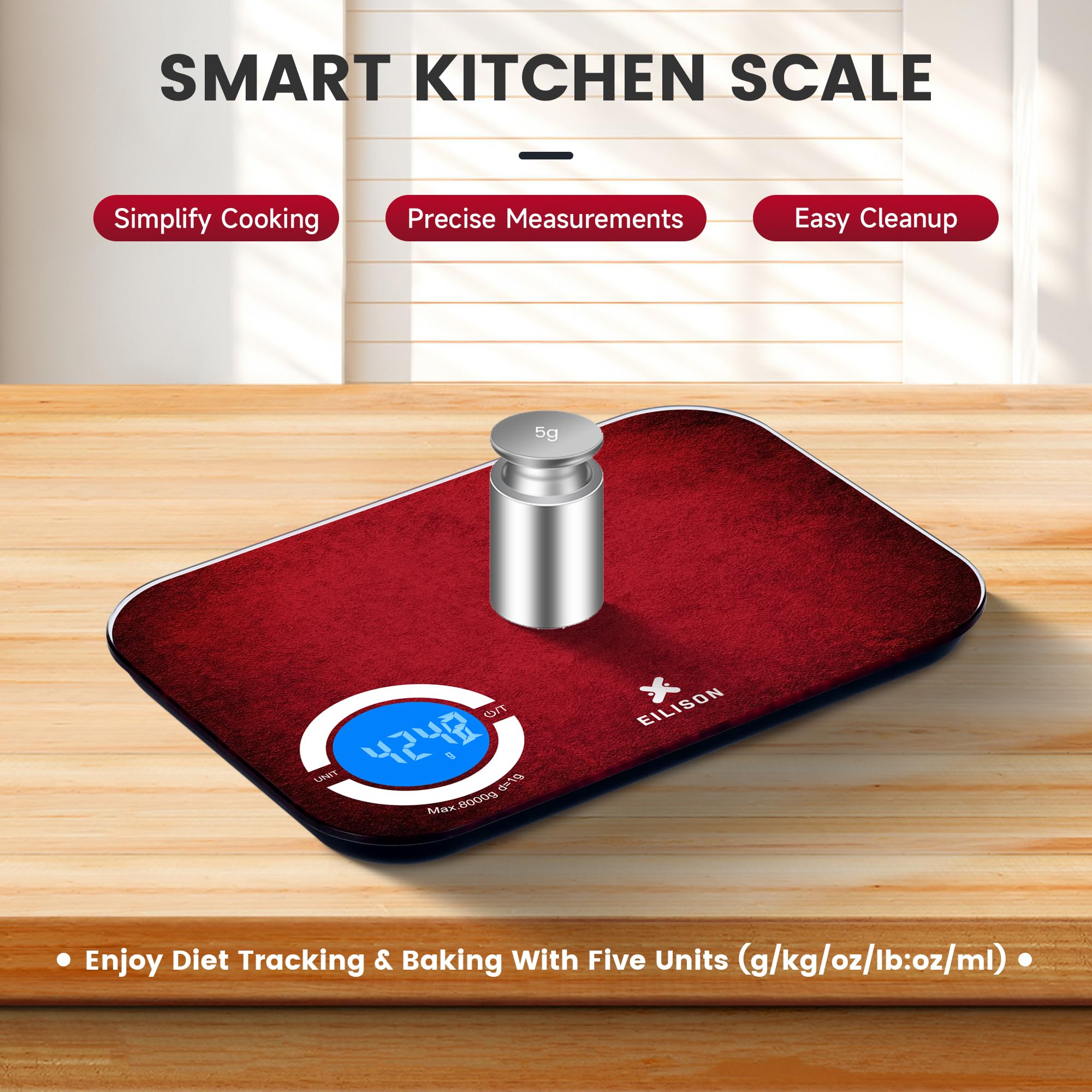 EILISON Báscula de cocina inteligente con aplicación Bluetooth, báscula digital de alimentos de alta precisión para hornear, cocinar y dieta, base de datos de alimentos 8000, 24 nutrientes, pantalla