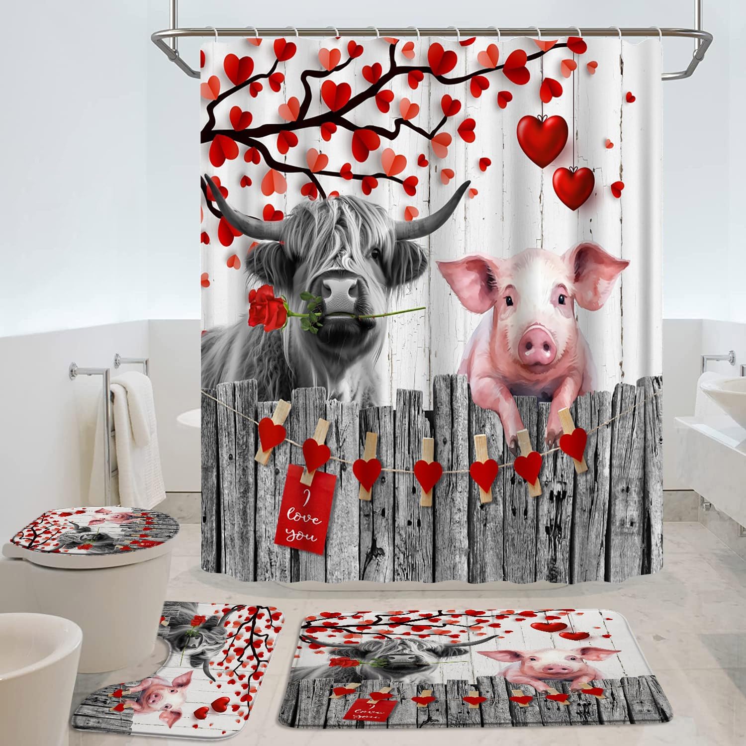 4pcs Shower Curtain Sets Valentine's Day Bathroom Decor Sets with Toilet Lid Rug and U Shape and Toilet Lid Cover Mat Highland Cow Funny Pig Red Love Tree Bath Decor Curtains with 12 Hooks