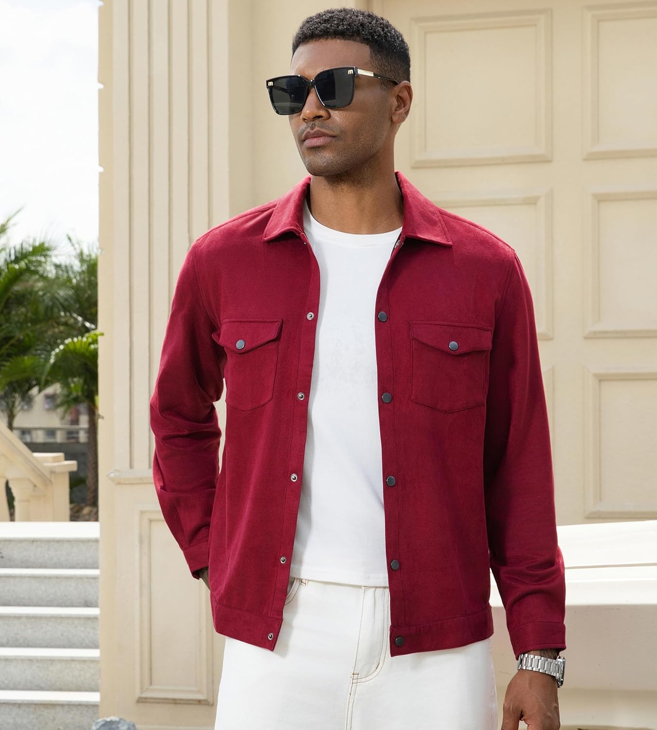 Alex Vando Mens Suede Shirt Jackets Long Sleeve Two Pockets Snap Casual Button Down Shirts - Image 2