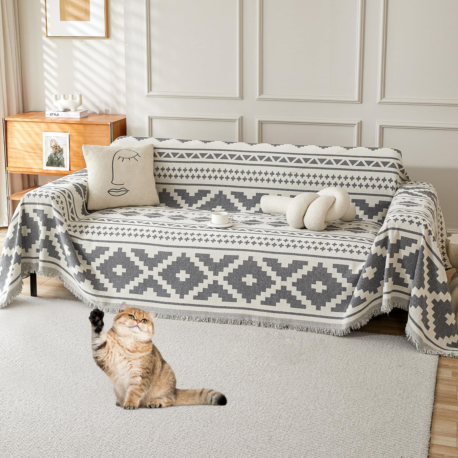 LiveGo Chenille AB Double-Sided Sofa Cover for 3 Seater, Soft Non-Slip Slipcover with Tassel