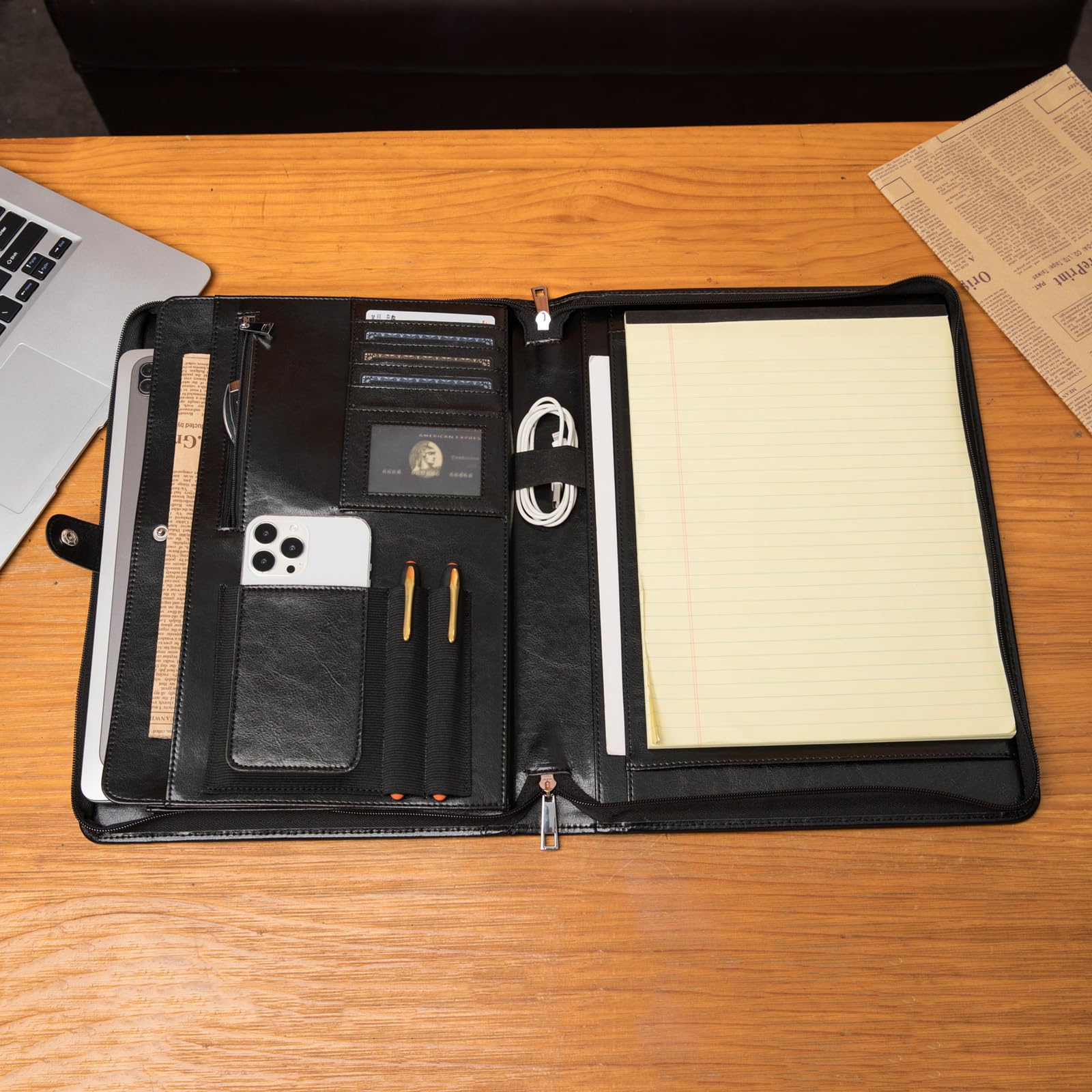 Portfel ze skóry wegańskiej z podstawką na notatnik 8,5 x 11", kieszenią na laptopa 13,3", z zamkiem błyskawicznym