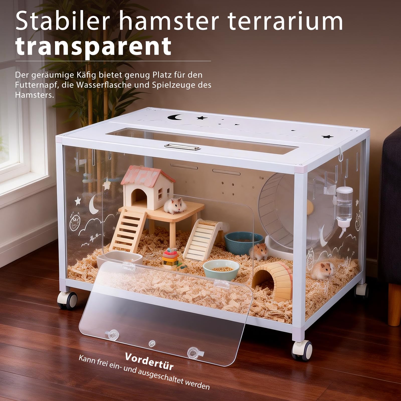 Groß Hamsterkäfig aus Metall 80x50x55cm Nagerkäfig mit Rädern, Stabil, Weiß | Kleintier Gehege für Kaninchen Goldhamster, Abnehmbarer Meerschweinchen, Durchsichtiger, Leicht zu Reinigen