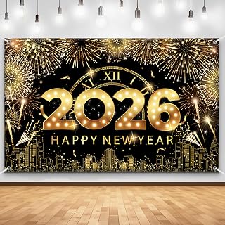 83x59In Happy New Year Banner 2026 Large Backdrop Black & Gold New Years Decorations 2026 | New Years Eve Party Supplies Banner for Home, Garden, NYE Celebrations & Photoshoot Backdrop Favors