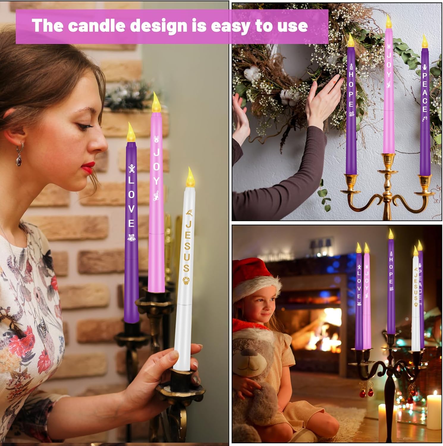 RGQSUN LEDs Flameless Advent Candles Sets of 5 Christmas Advent Candles Battery Operated Flickering Flameless Taper Candle for Christmas Wreath Advent Decor(Battery is not Included)