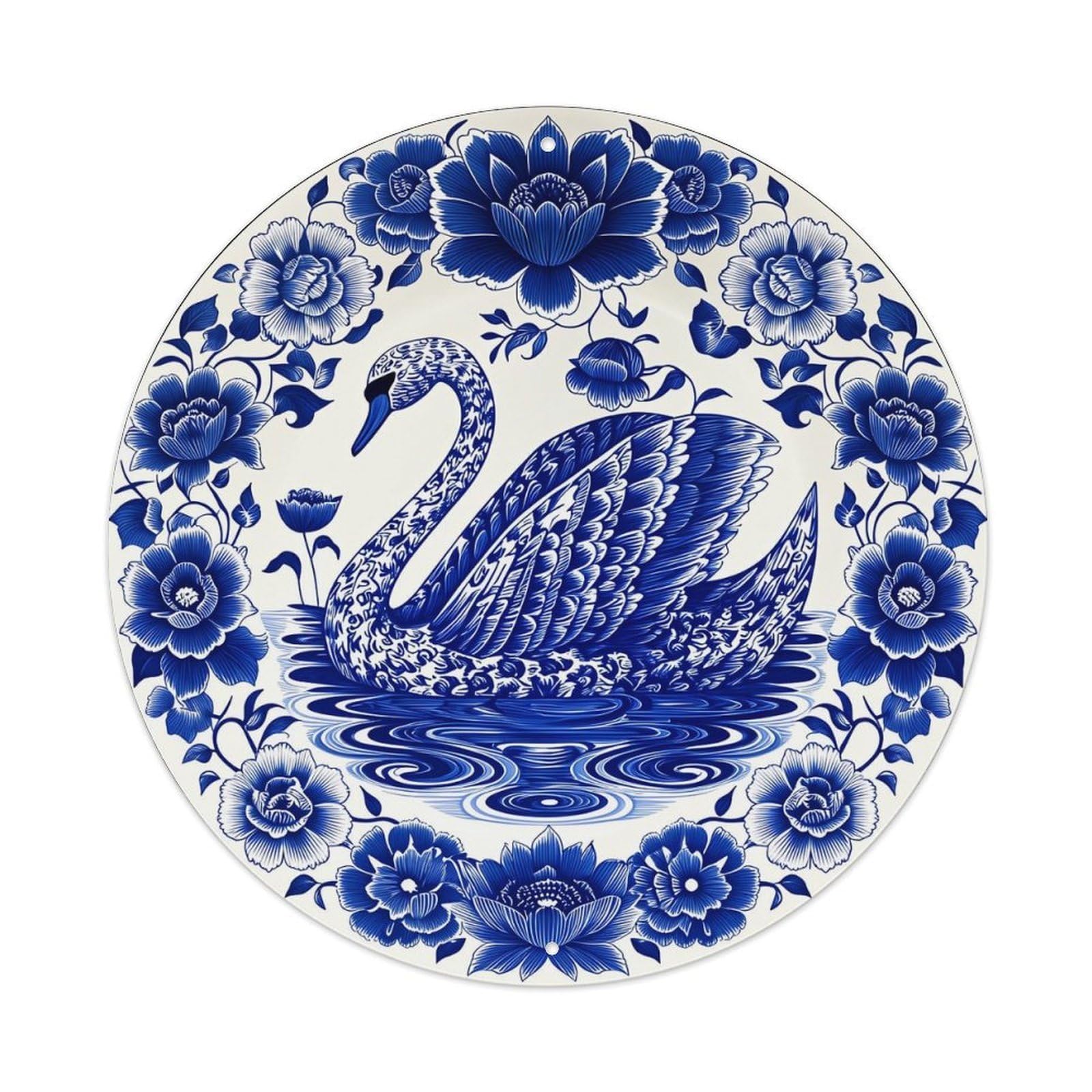 Blue And White Swan Pattern Vintage Metal Tin Sign Retro Wall Decor for Home Bar Garage Cafe, Indoor & Outdoor Decorative，circle Metal Poster, 8x8 Inch