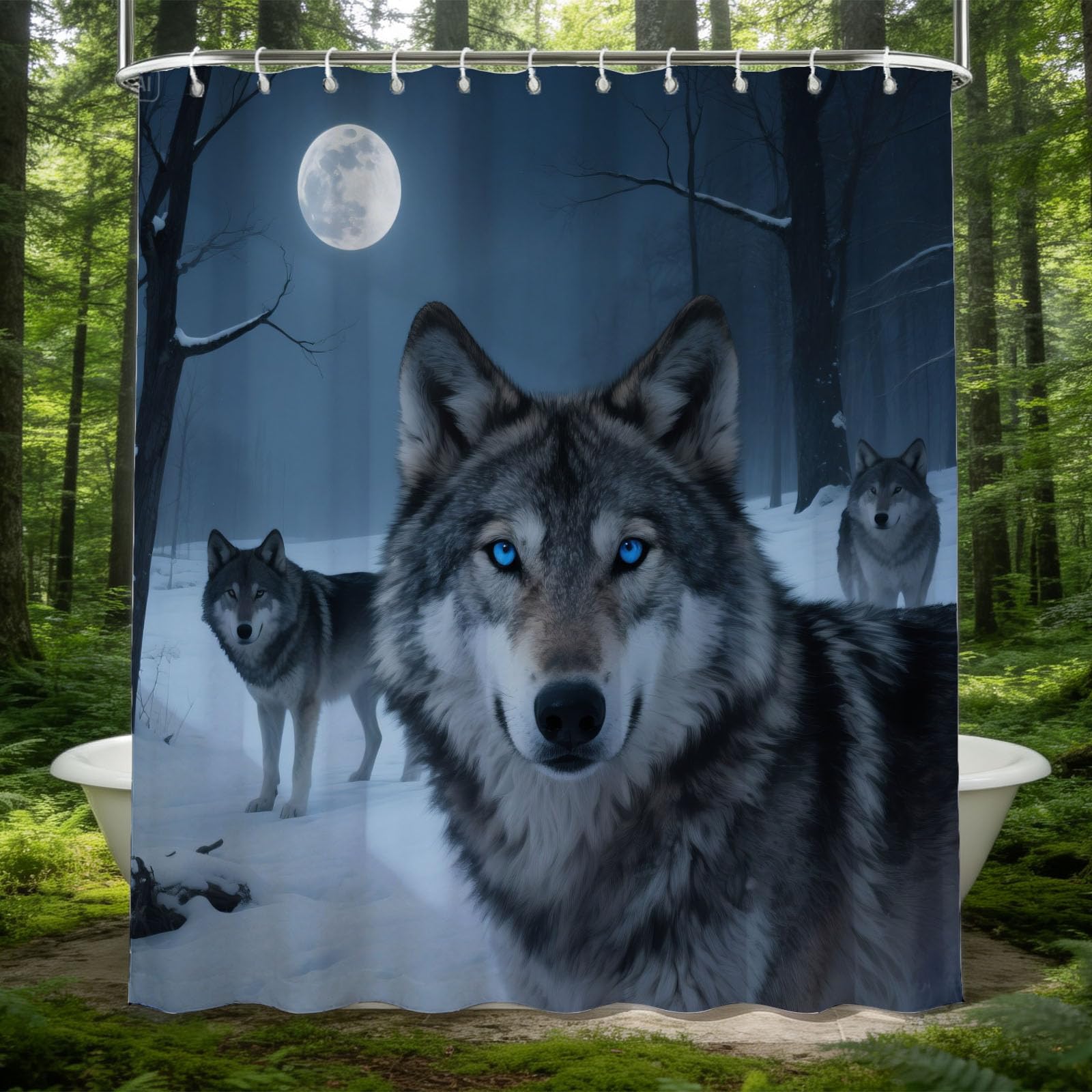 Rideau de douche loup 3D imprimé pour une ambiance nature en nuit