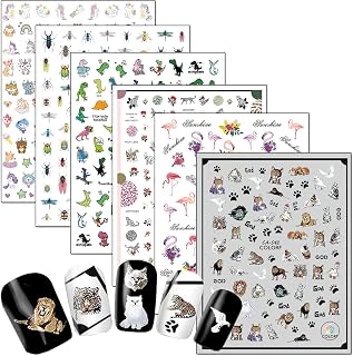 Cartoon Animal Nail Art Stickers, Unicorn Flamingo Insect Leopard Tiger Cat Dinosaur Nail Art Decals 3D Self-Adhesive Sticker Design for Women Girls Manicure Decoration DIY Nail Decal (6 Sheets)