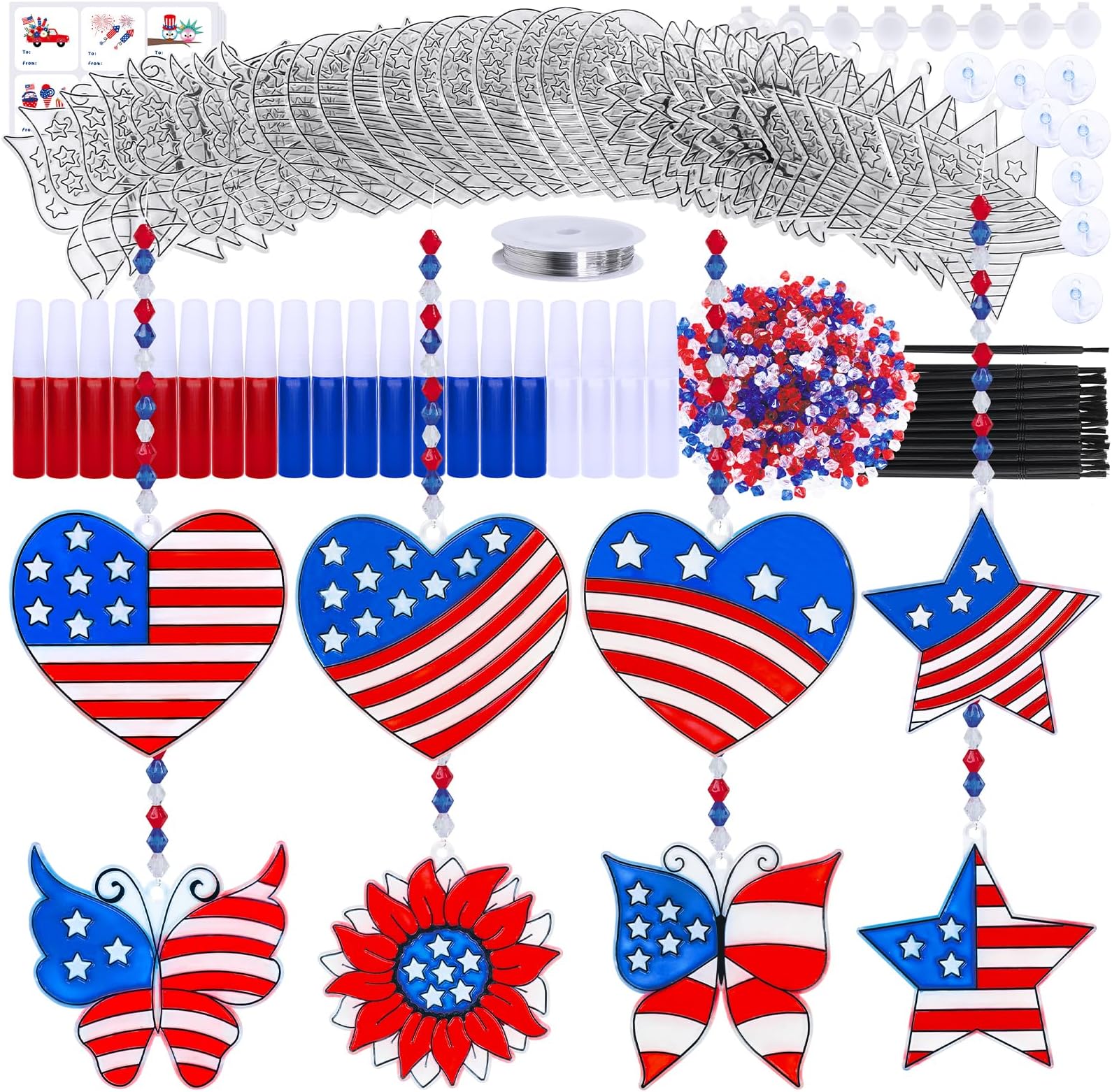 24 Sets Patriotic Suncatchers Ornaments Decorations DIY Window Paint Art Stickers Craft Kit USA Star Heart Sun Catchers for Kids Classroom 4th of July Activity Art Projects Party Favors