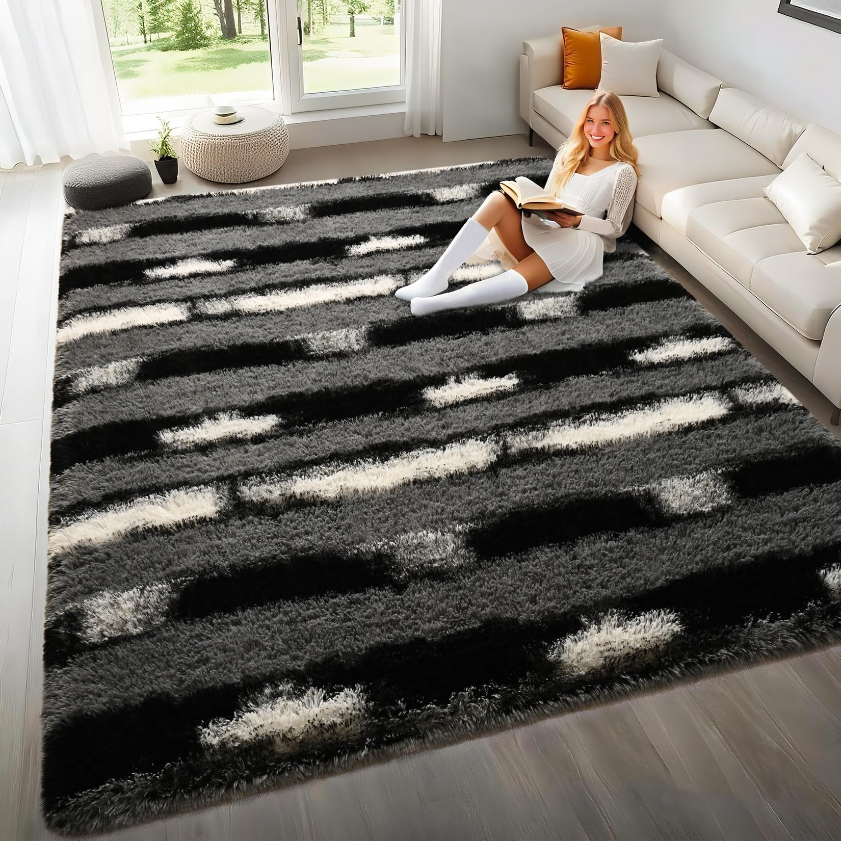 Woottpe 4x6 Feet Area Rugs for Living Room Bedroom,Gray and White Machine Washable Soft Fluffy Shaggy Indoor Rug, Floor Carpet for Girls Boys Kids,