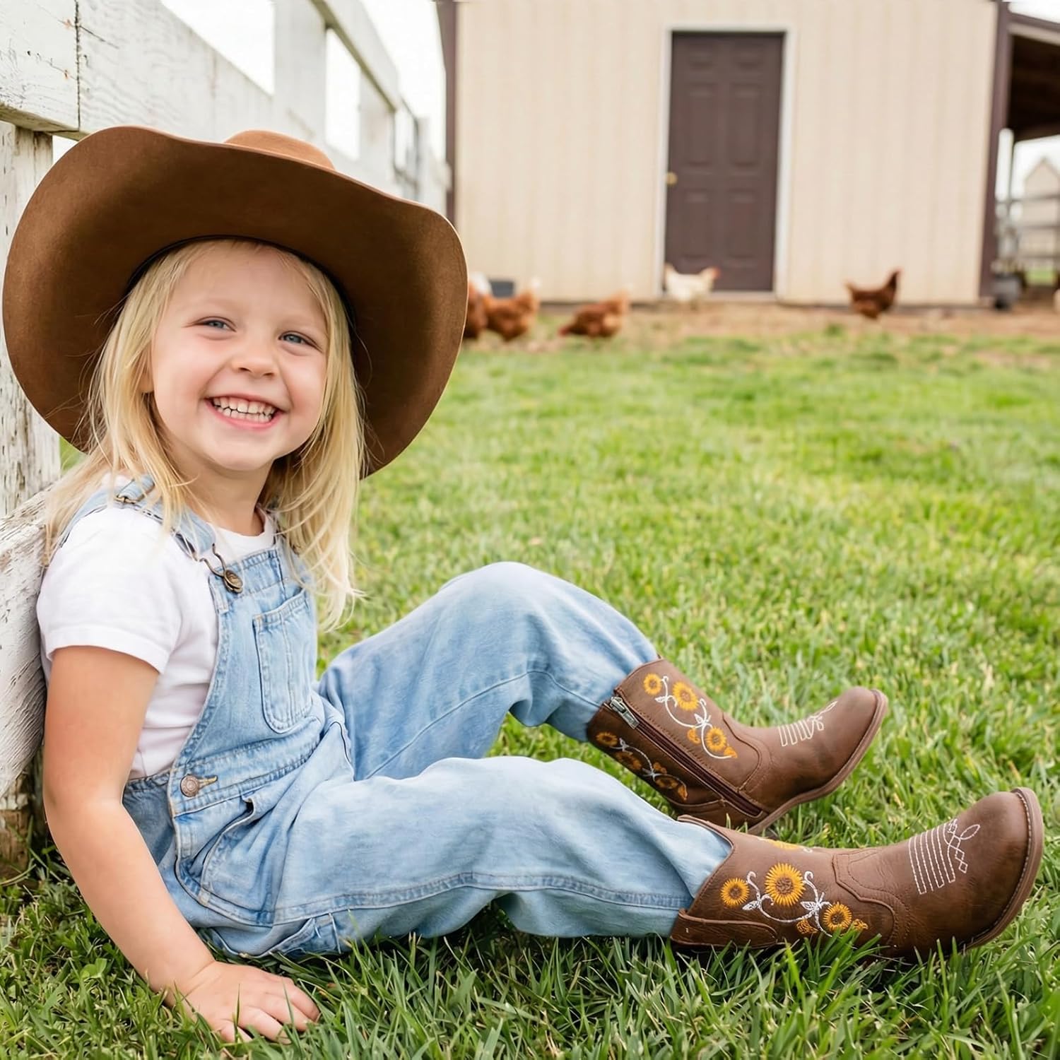 Girls Cowboy Boots with Floral Embroidery-Western Cowgirl Boots for Girls Toddler Little Big Kids, Square Toe Side Zipper Non-Slip Sunflower Shoes for Daily Birthday Wear