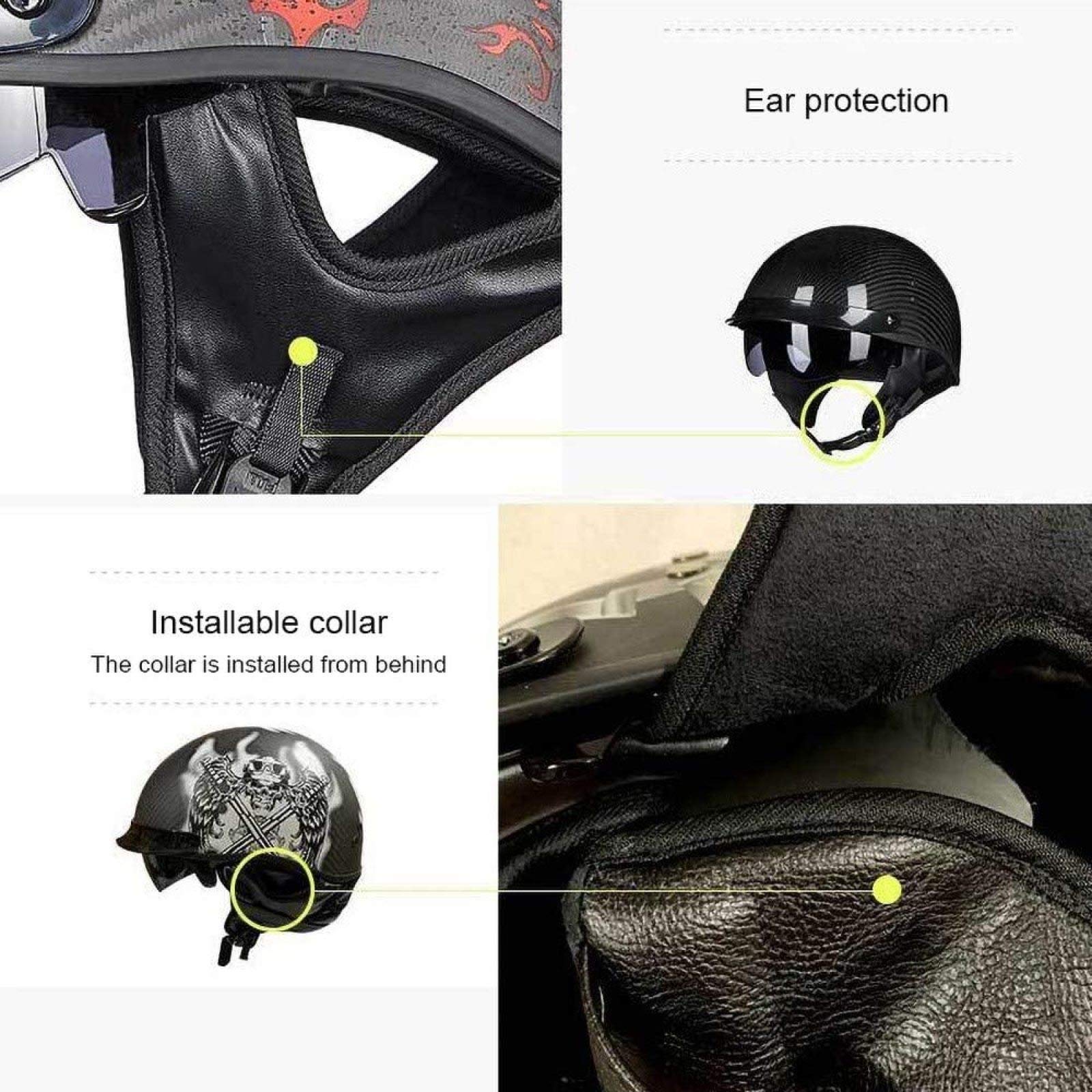 EBAYIN Motorradhelm Retro Harley Motorrad Carbon Carbon Halbhelm ECE-zertifizierter Cruiser Chopper Scooter Pilot Jet Helm Helm Mit Offenem Gesicht Unisex Eingebaute Schutzbrille,A-M=（57~58cm）
