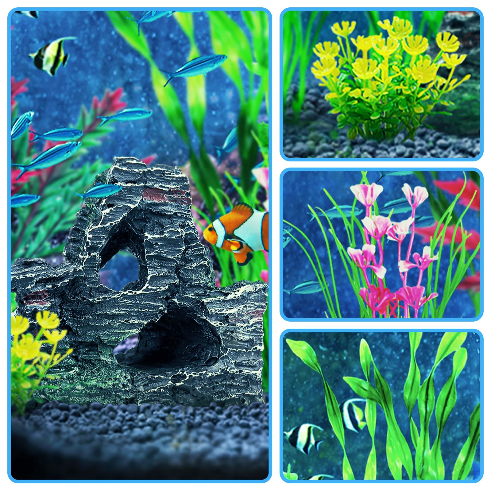 QUOZUO Decorazione per Acquario Pianta, Piante Artificiali per Acquario e Decorazione Grotta in Poliresina, Nascondiglio per Pesci, 12 Pezzi