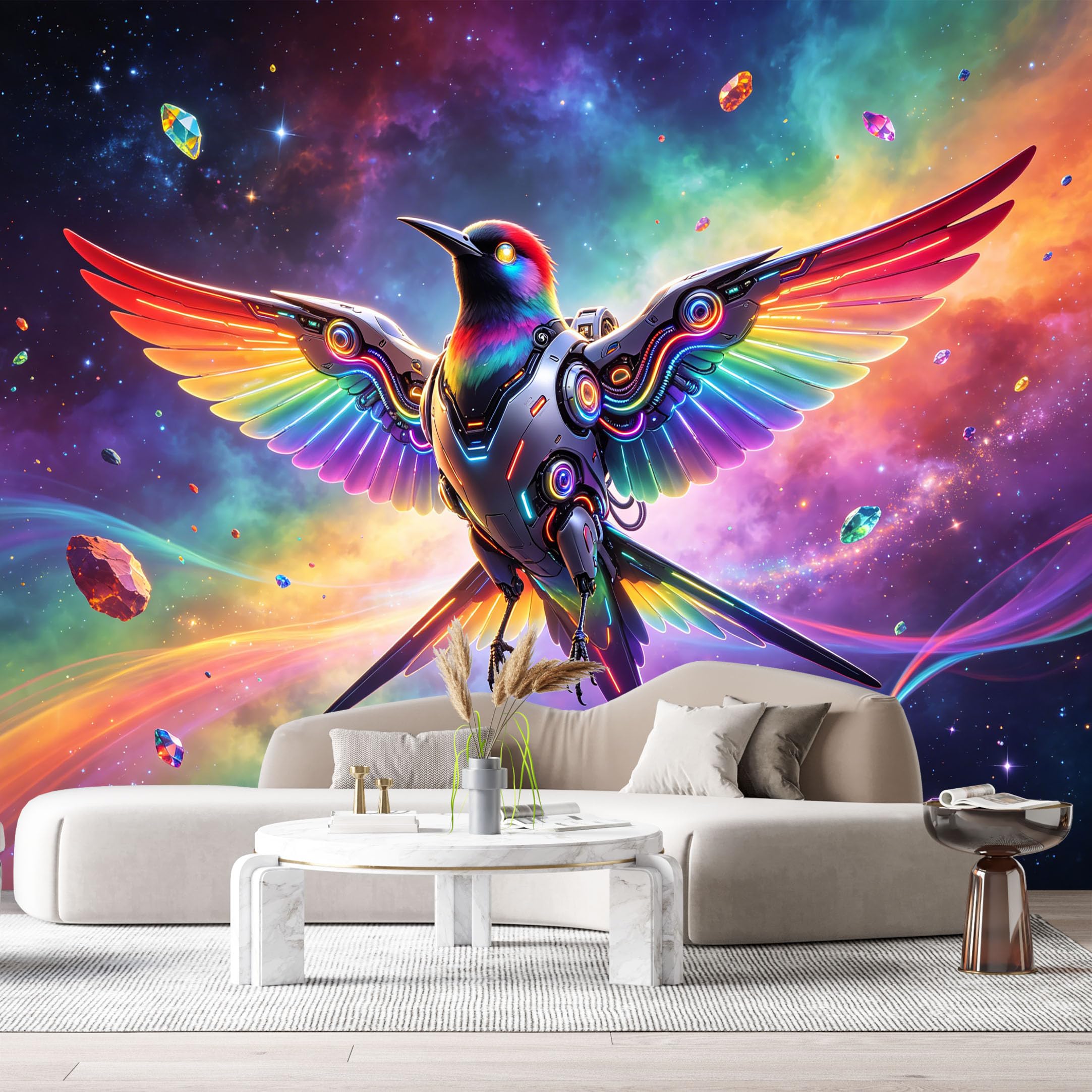Custom Size Wall Mural Cybernetic Rainbow Bird Futuristic Neon Mech Art SelfAdhesive Art Prints Removable Large Wallpaper Boy Bedroom Esports Room Game Room Tenant Room Studio