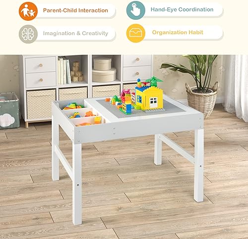 Miniatura 9 de Costzon Mesa para niños, escritorio de madera 3 en 1 con almacenamiento, mesa de doble cara para artes infantiles, manualidades, dibujar, leer,