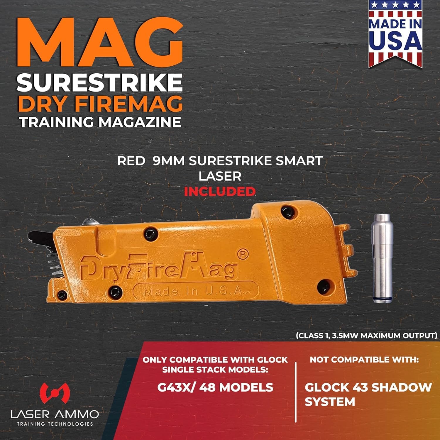DRYFIREMAG + SureStrike Training Kit - Smart Dryfiremag with Surestrike 9mm Training Laser (Class 1, 3.5mW Maximum Output) (Choose from Red or Invisible)