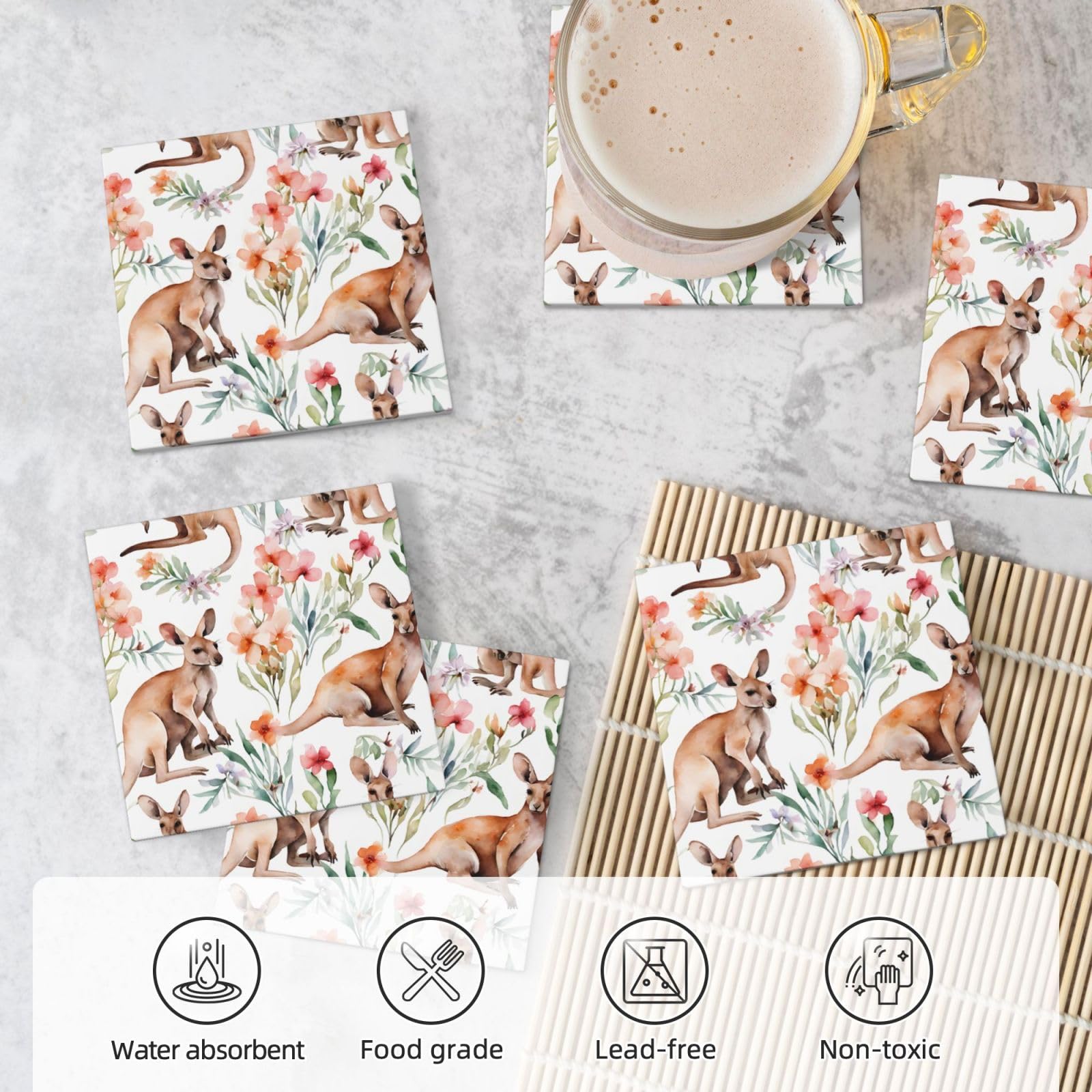 Keramikuntersetzer mit lustigem Cartoon-Känguru-Zoo, quadratisch, saugfähig, mit Halter, für Zuhause, Büro, Bar, Restaurant, 6 Stück