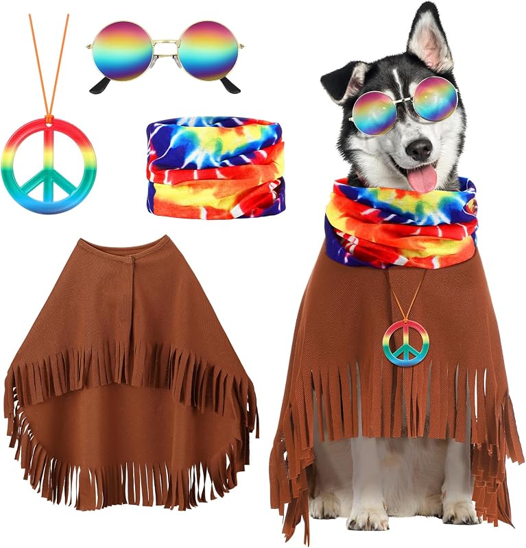 Huhumy 4 Pcs Hippie Dog Costume Pet Dog Hippie Costume Set Includes Sunglasses Scarf Cloak Necklace(Tie Dye,Large)