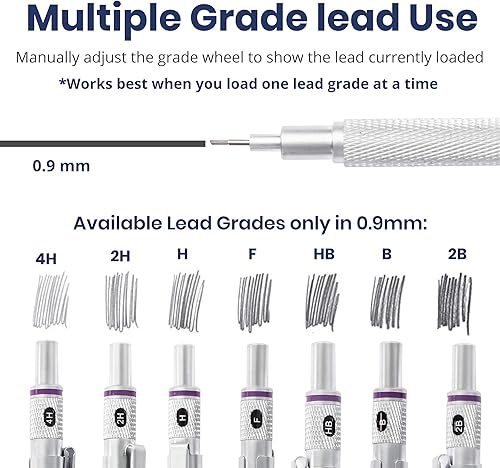 Vista 63 de Pacific Arc Chromagraph - Portaminas de metal de 0.028 in, barril plateado, con indicador de grado de lápiz integrado, soporte para lápiz de plomo