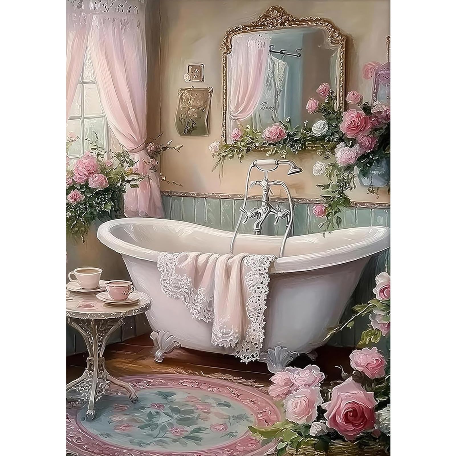 NAIMOER Bathtub Diamond Art Kits for Adults, DIY Full Drill 5D Shabby Chic Floral Bathroom Diamond Painting Kits, Adults Diamond Art on Canvas for Relaxation Gifts Home Decor 30x40cm — image 1