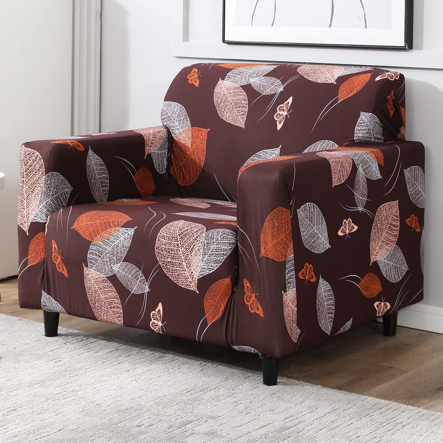 HOKIPO Sofa Cover 1 Seater Fully Covered, Dark Brown Leaf