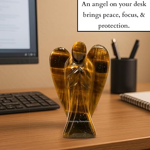 Miniatura 6 de Amazing Gemstone Figura de ángel de ojo de tigre Ángel de cristal de ojo de tigre y ángel de la guarda de bolsillo (4 pulgadas)