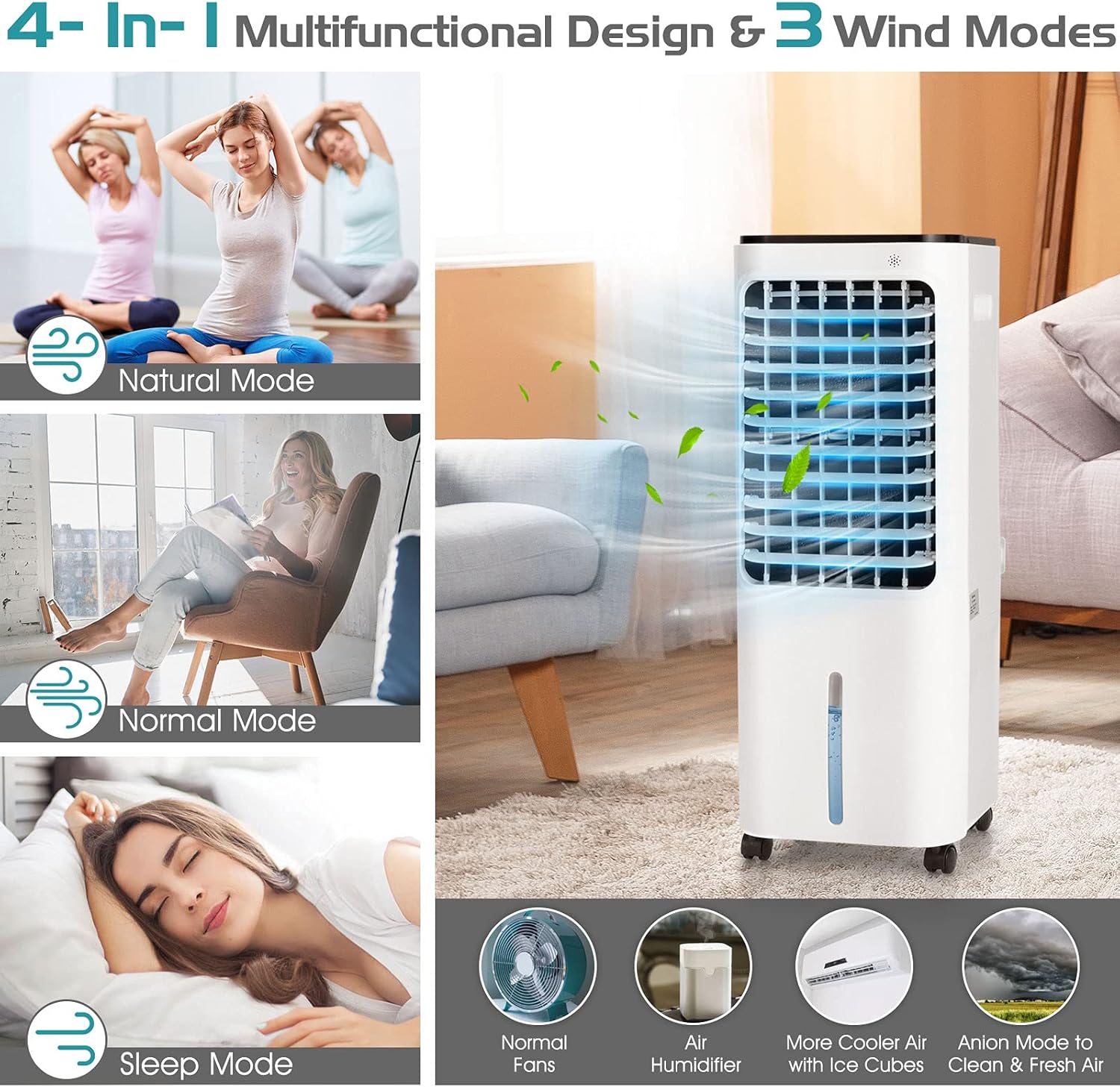 GOFLAME 4-IN-1 Evaporative Air Cooler, Portable Air Cooling Fan Air Humidifier with 4 Ice Packs and Remote Control, Quiet Swamp Fan with 3 Speeds & 4 Modes, 12L Water Tank, 7.5H Timer