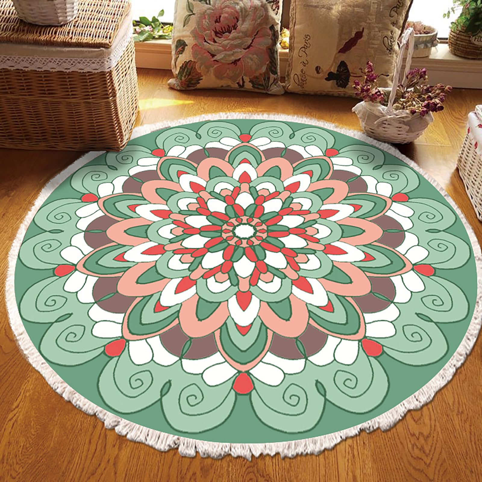 Tapis rond floral 120cm bohème et lavable pour salon ou chambre