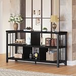 IBF Farmhouse 3 Tier Open Book Shelf, Wood and Metal 5 Cube Storage Organizer, Modern Low Horizontal Bookshelf for Bedroom Living, Long Wide Office Cubby Bookcase with Storage, Rustic Brown, 47 Inch