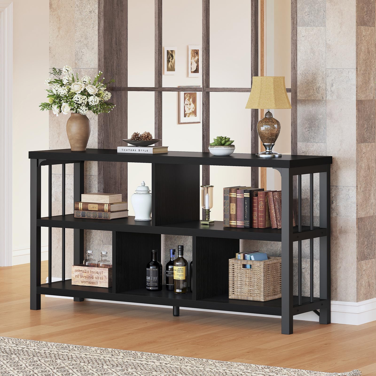 IBF Black Bookshelf, Industrial Low Horizontal Bookcase, Black Oak, 47 in