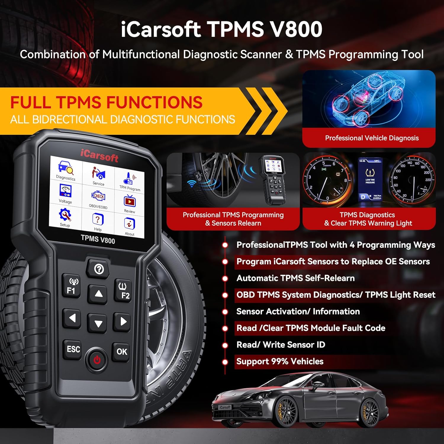 iCarsoft TPMS V800 TPMS Programming Relearn Tool, Read/Clear TPMS Code, TPMS Programmer Relearn Tool OBD2 Diagnostic Scanner, Bidirectional Test, All System, Battery Registration, AutoVIN, 9 Reset