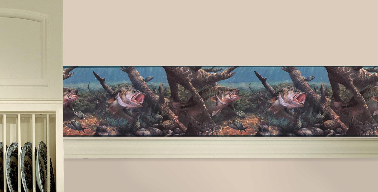 RoomMates York Wallcoverings Lake Forest Lodge WD4110B Game Fish Border, Multi/Green Band