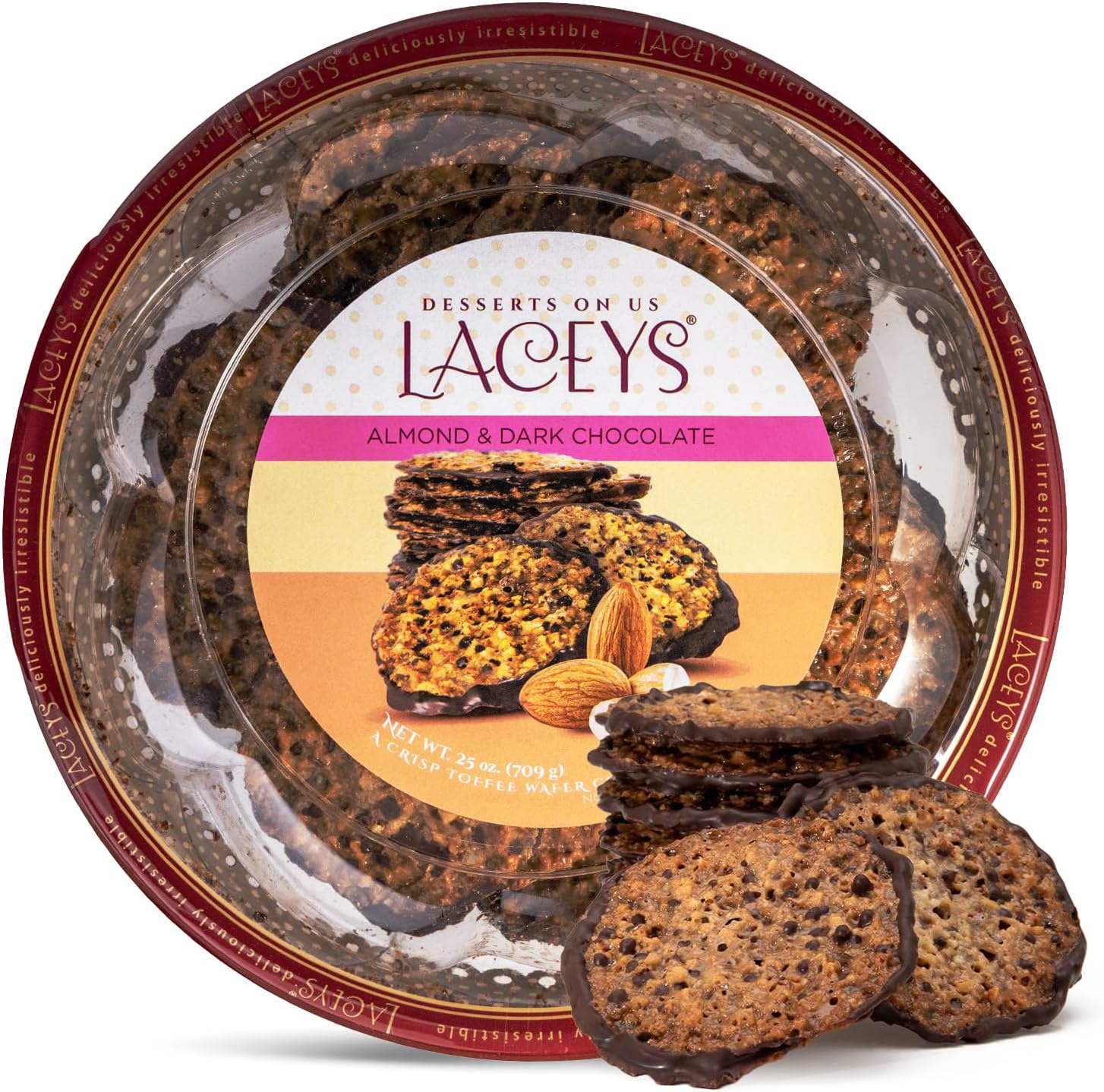 Laceys Gourmet Cookies | Light and Crispy Delicious Cookies | Handcrafted by Desserts On Us (25 Ounce, Almond & Dark Chocolate)