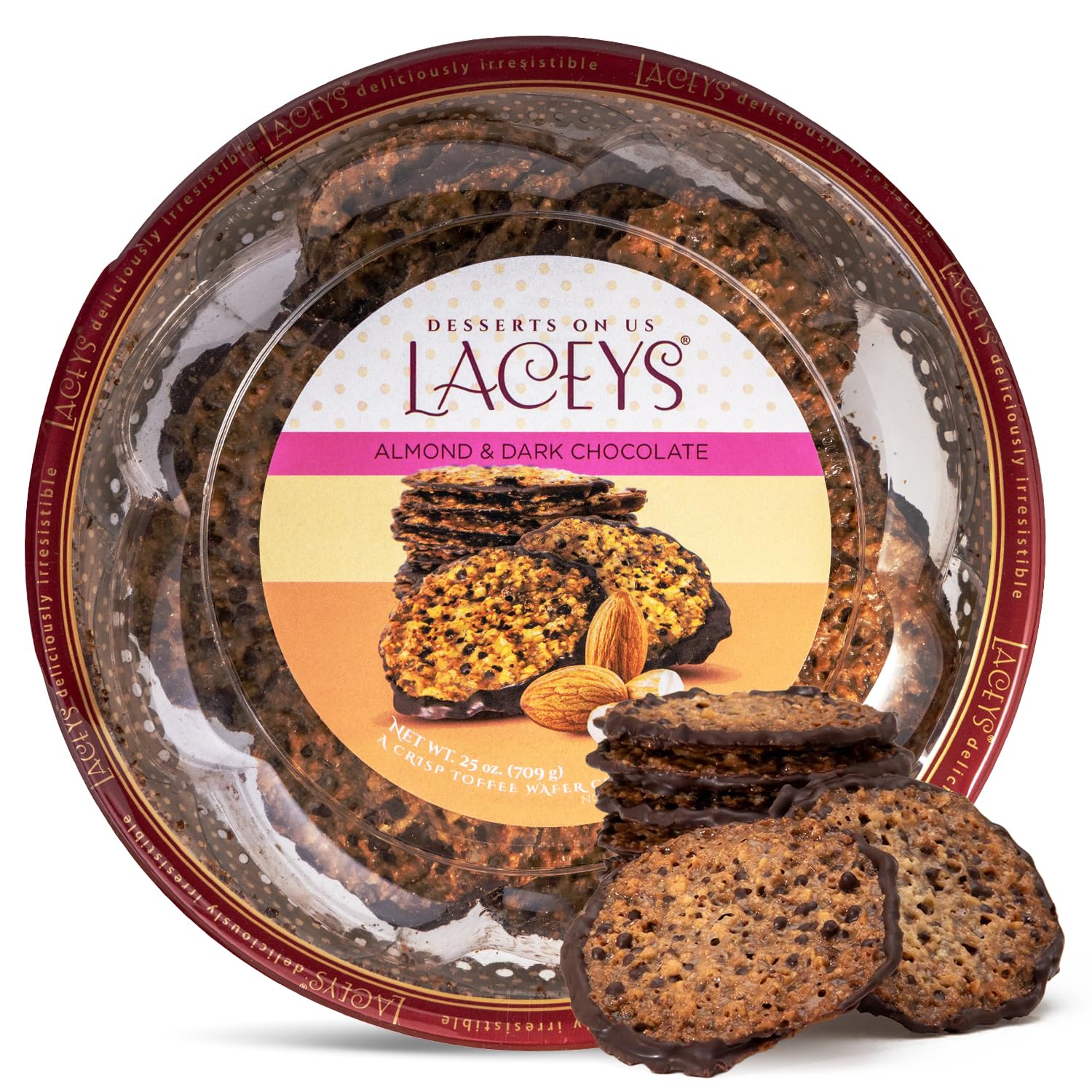Desserts On Us Laceys Almond and Dark Chocolate Crisp Toffee Wafer Cookies