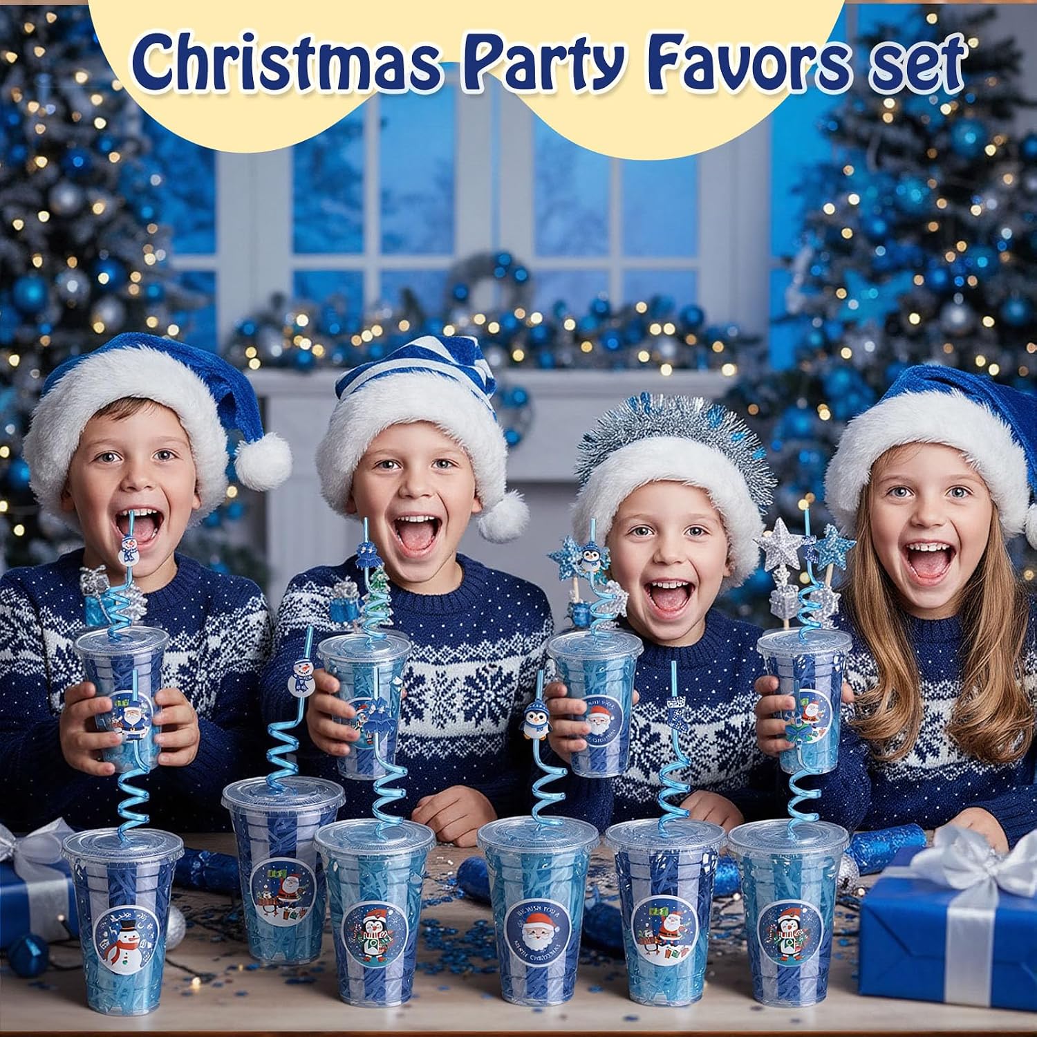 Vesici 124 Pcs Christmas Plastic Cups Bulk with Lids Straws Stickers Raffia Snowman Santa Claus Plastic Cups Xmas Disposable Clear Mugs Party Favor Holiday Birthday Wedding Party Supplies,24 Sets,Blue image 2
