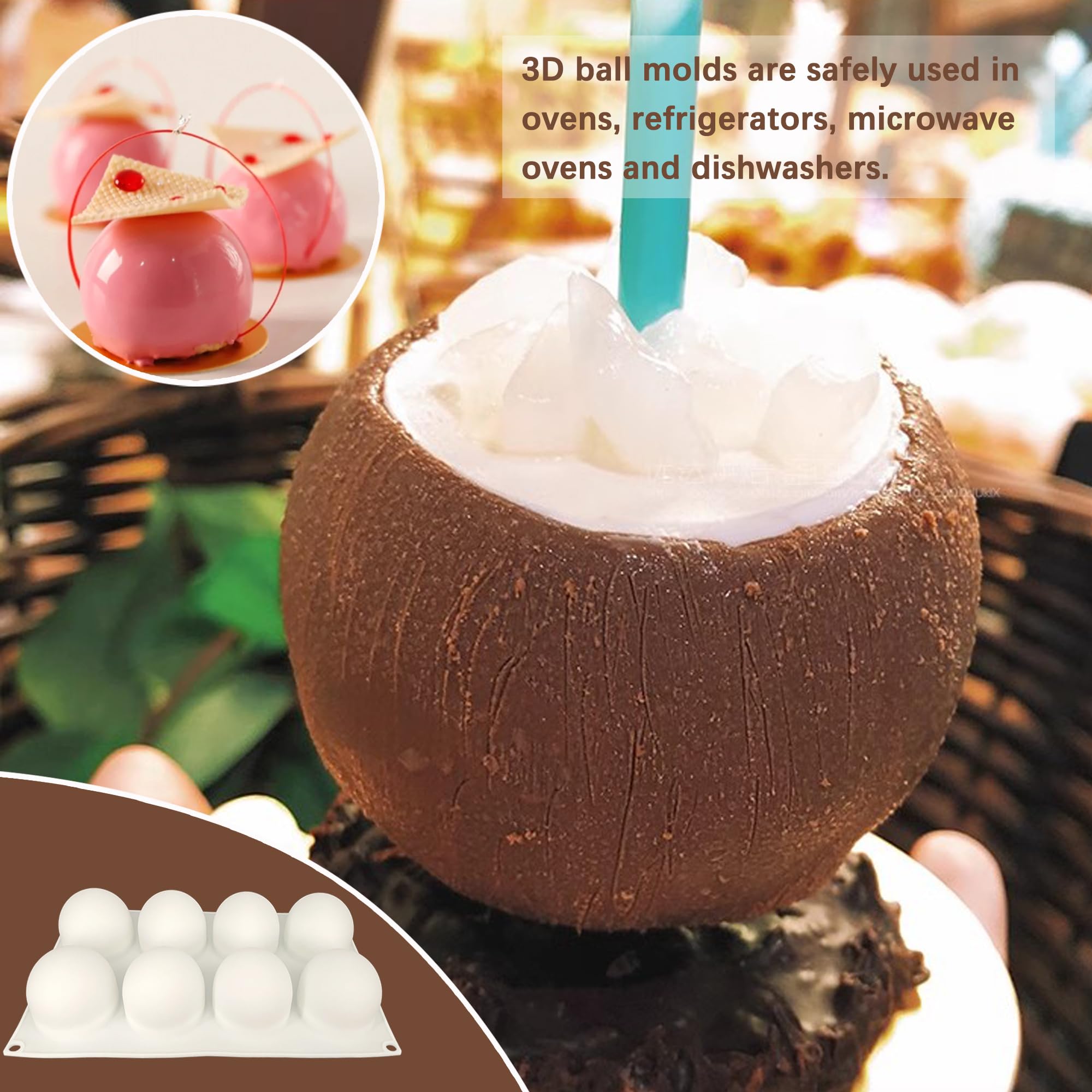 duoyif Schokoladenformen Kugel Silikonform 8Löcher 65mm Kugelform Dome-Mousse Silikonform Ball Kugel Backform Für Schokoladen Kugeln Kuchen Dessert Deko Bonbons Eiskugeln (Weiß, 8Löcher Ø65mm)