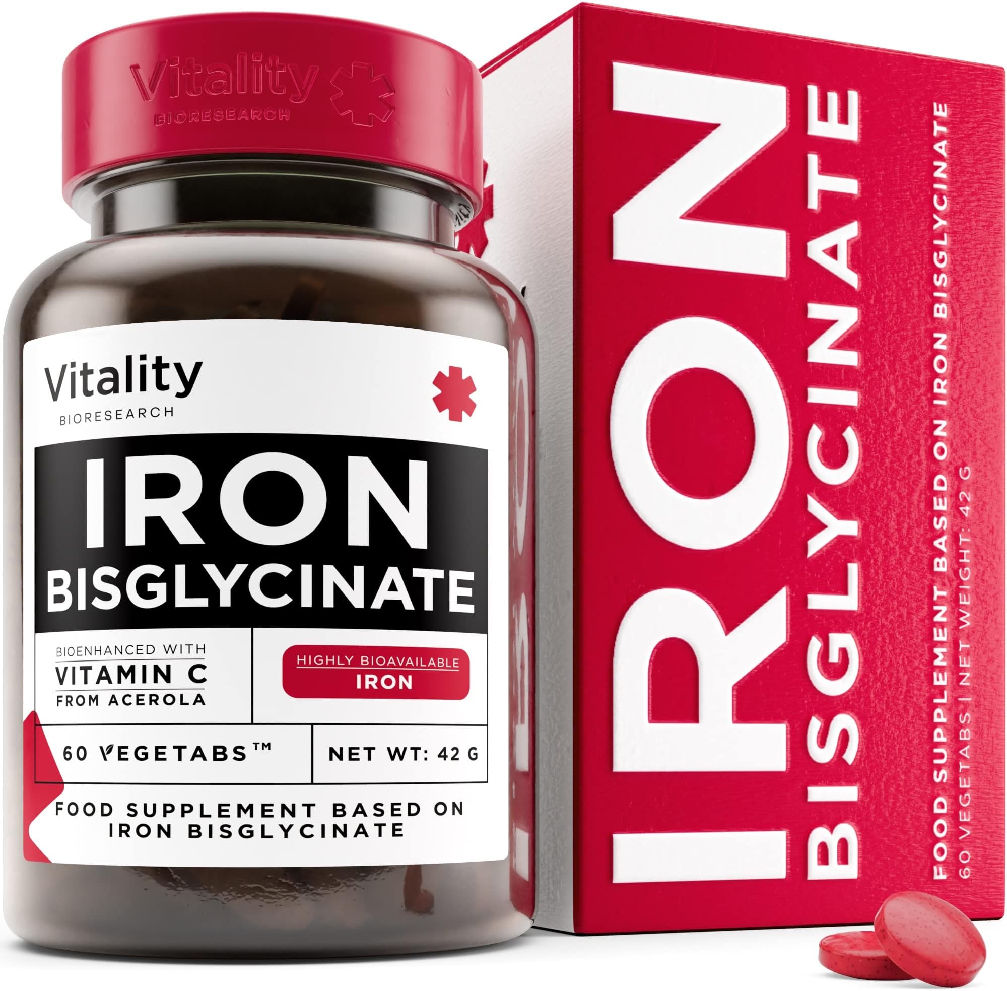Iron Bisglycinate - Vegan Iron Supplements for Women & Men - Relieve Fatigue and Tiredness with Combination of 60 Iron and Vitamin C Tablets, Strong Iron Supplements, Gentle Iron Tablets High Strength