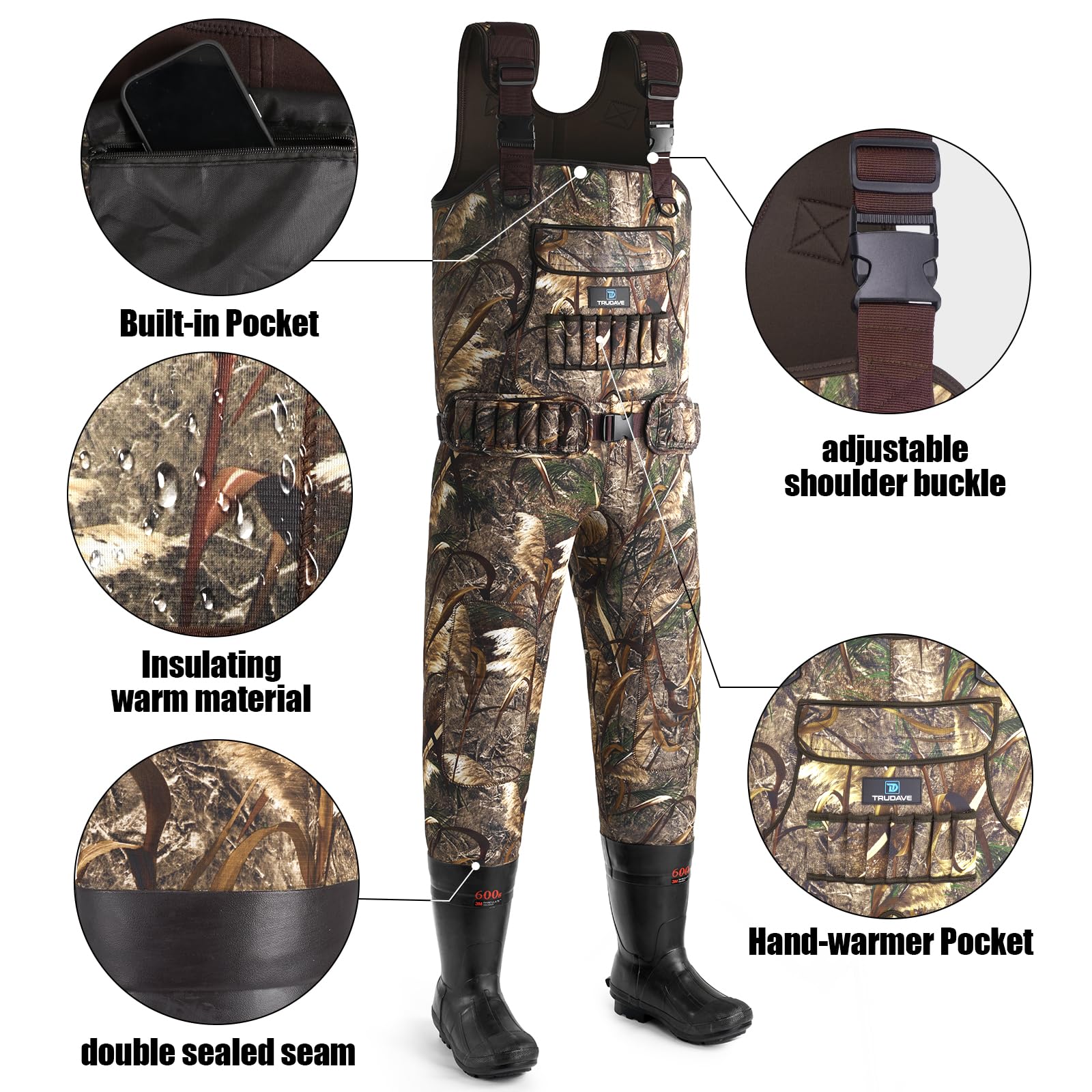 Trudave Chest Waders, 4.5mm Waterproof Neoprene Hunting Wader for Men & Women with 600G Insulated Boots