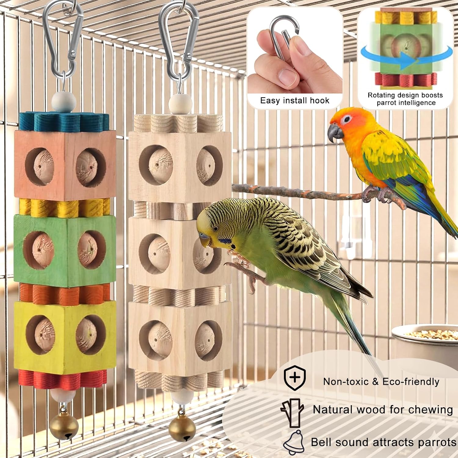 4PCS Parakeet Toys Bird Perch Set with Forked Perches & Round Log Platform, Bird Toys for Parakeets Hanging Rotating Wood Block with Bell Parrot Perch for Cockatiel, Conure, Caique image 3