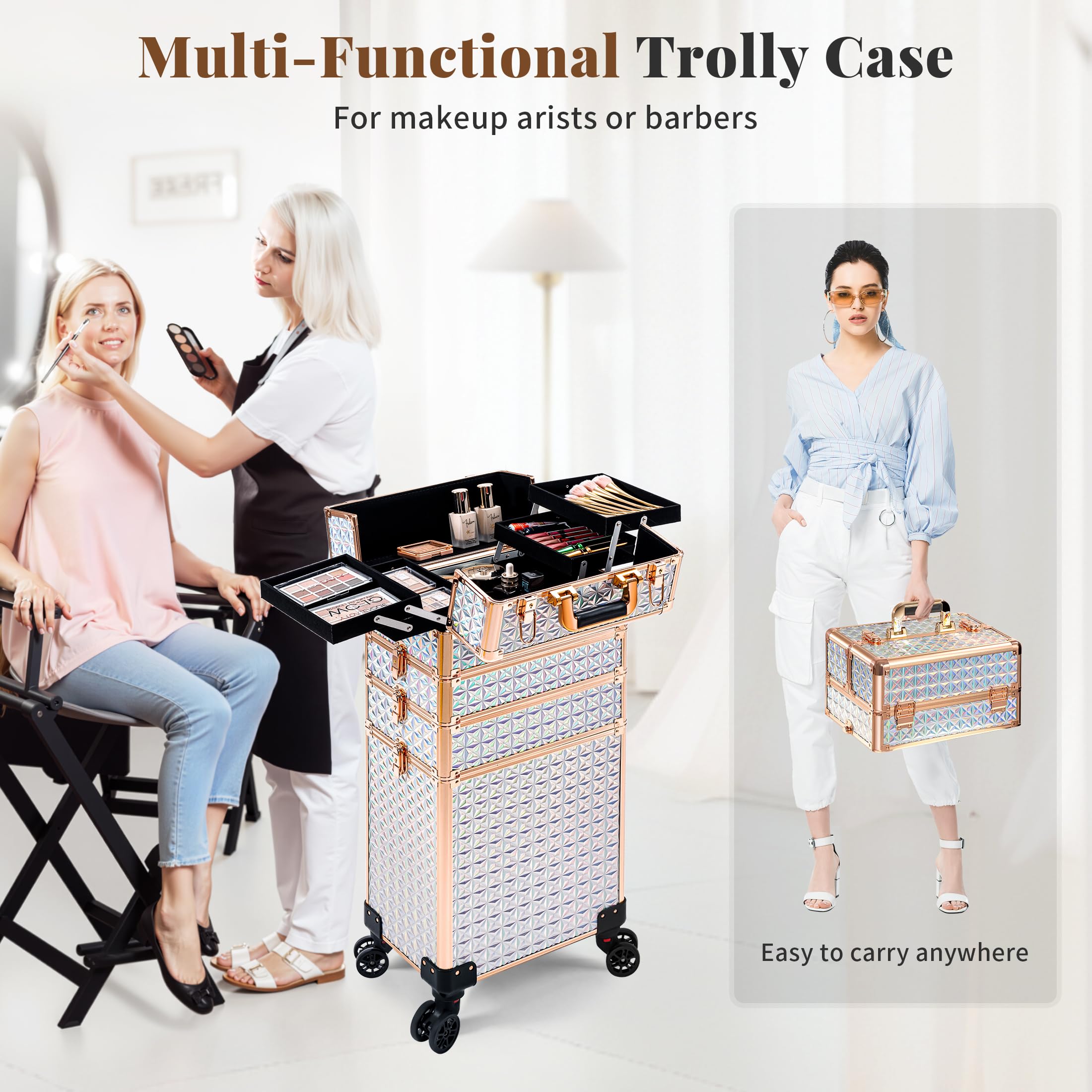 Arous Maletín profesional 5 en 1 con ruedas giratorias de aluminio, organizador de viaje de maquillaje, con ruedas giratorias de 360°, White, 5 en 1