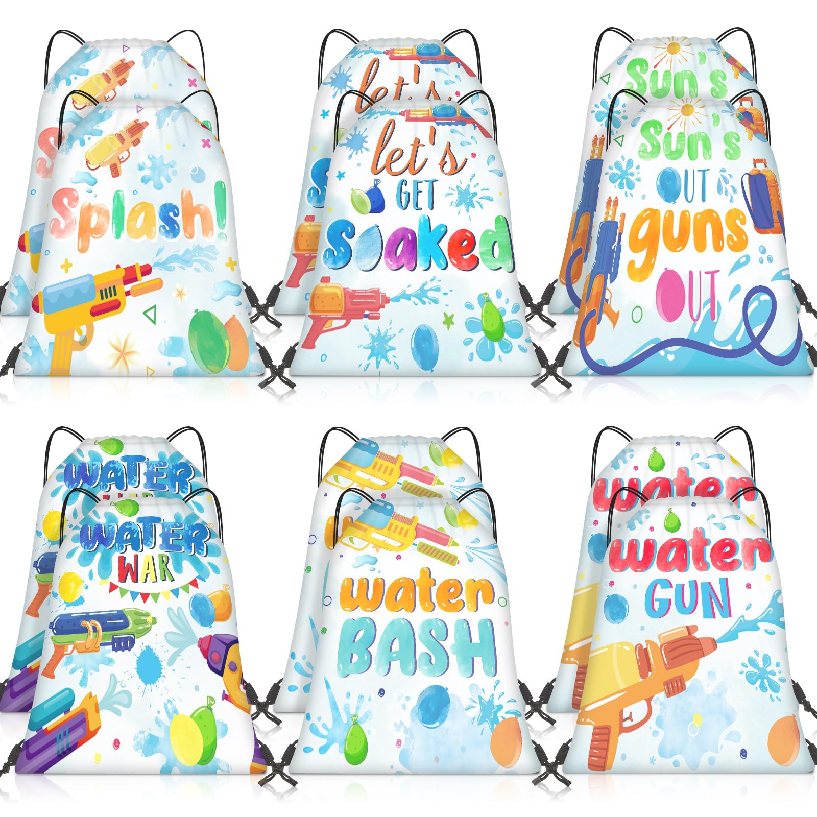 Paterr 12 Pcs Water Gun Party Drawstring Backpack for Pool Party Cinch Bag Water Party Drawstring Bags Bulk Polyester Draw String Back Bag for Beach